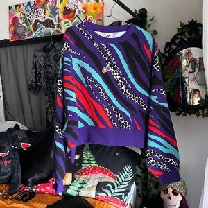 Nike Cropped Batwing Sleeve Crewneck Sweater Tiger Dalmatian Print - purple/red
